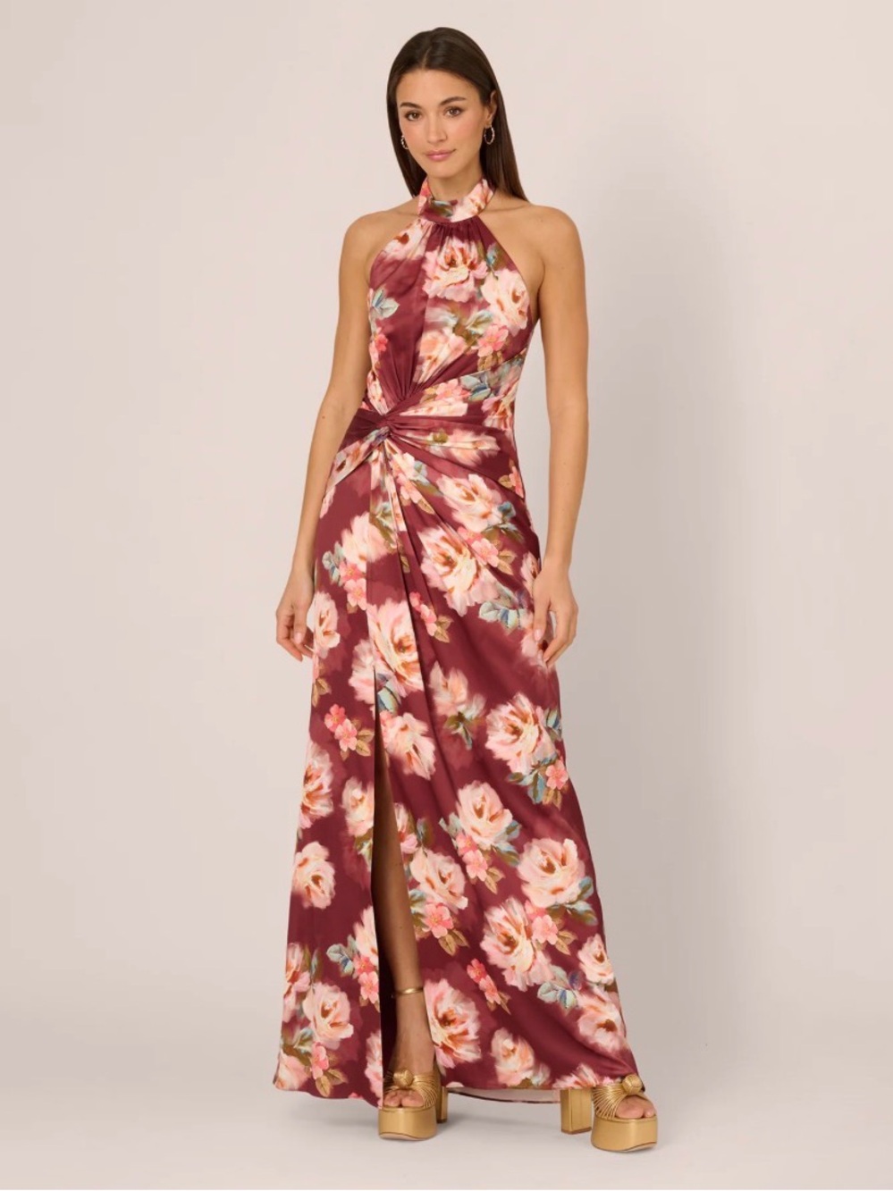 Adrianna Papell Floral Satin Twist Waist Halter Gown Brown Multi NWT - Picture 4 of 12
